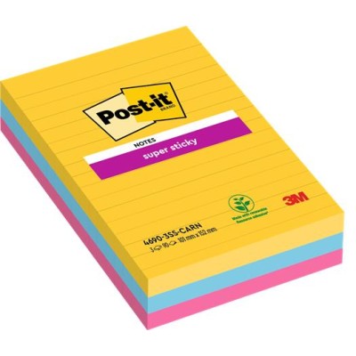 Öntapadó jegyzettömb, vonalas, 3x90 lap, 101x152 mm, 3M POSTIT "Super Sticky", "Carnival", vegyes színek
