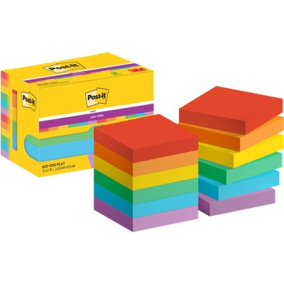 Öntapadó jegyzettömb, 48x48 mm, 12x90 lap, 3M POSTIT "Super Sticky Playful", vegyes színek