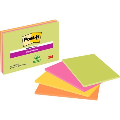 Öntapadó jegyzettömb, 152x101 mm, 4x45 lap, 3M POSTIT "Super Sticky", vegyes színek