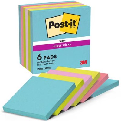 Öntapadó jegyzettömb, 76x76 mm, 6x90 lap, 3M POSTIT "Super Sticky", "Cosmic", vegyes színek
