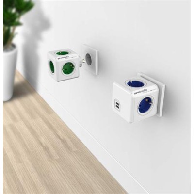 Elosztó, 5 aljzat, ALLOCACOC "PowerCube Original DE", fehér-kék