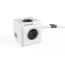 Elosztó, 4 aljzat, 2 USB csatlakozó, 1,5 m kábelhosszúság, ALLOCACOC "PowerCube Extended USB DE", fehér-szürke