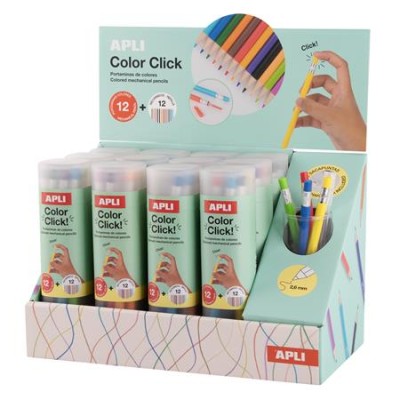 Színes töltőceruza készlet, ceruzatartóban, display, APLI "Color Click", 12 szín