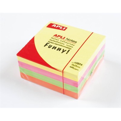 Öntapadó jegyzettömb, 75x75 mm, 400 lap, APLI "Funny", neon