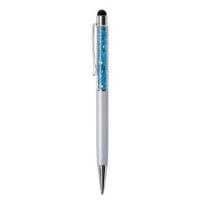 Golyóstoll, krémfehér, felül aquakék SWAROVSKI® kristályokkal töltve, TOUCH, 14 cm, ART CRYSTELLA®