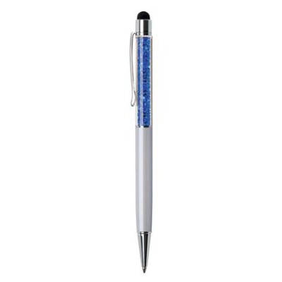 Golyóstoll, krémfehér, felül zafírkék SWAROVSKI® kristállyal töltve, érintővel, 14 cm, ART CRYSTELLA®