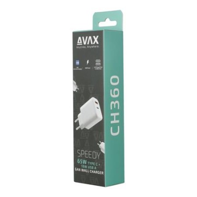 Hálózati töltő, GaN, USB-A + USB-C, AVAX "CH360 Speedy", fehér