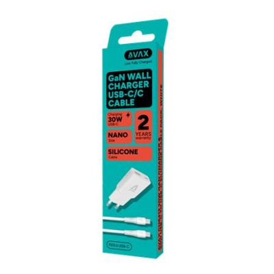 Hálózati töltő + USB-C - USB-C kábel, 1,5 m,  AVAX "CH6413", fehér