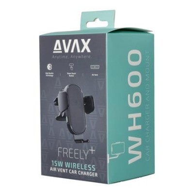 Autós töltő, vezeték nélküli, szellőzőrácsra, AVAX "WH600 Freely+", fekete