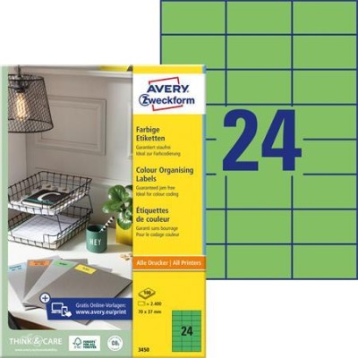 Etikett, 70x37 mm, színes, AVERY ZWECKFORM, zöld, 2400 etikett/csomag