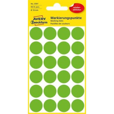 Etikett, 18 mm, kör, eltávolítható, AVERY ZWECKFORM, fűzöld, 96 etikett/csomag