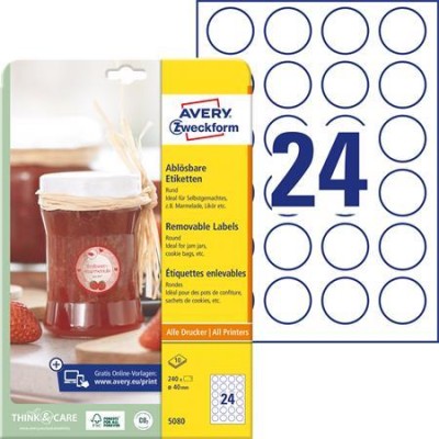 Etikett, 40 mm, kör, eltávolítható, AVERY ZWECKFORM, 240 etikett/csomag