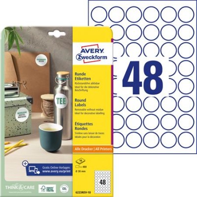 Etikett, 30 mm, kör, eltávolítható, AVERY ZWECKFORM, 480 etikett/csomag