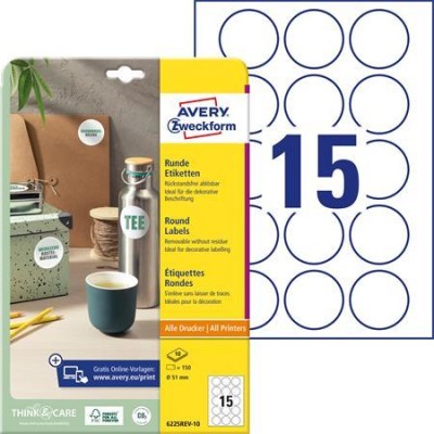 Etikett, 51 mm, kör, eltávolítható, AVERY ZWECKFORM, 150 etikett/csomag