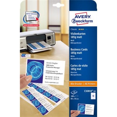 Névjegykártya, 85x54 mm, 185 g, mikroperforált, AVERY ZWECKFORM, 100 db/csomag