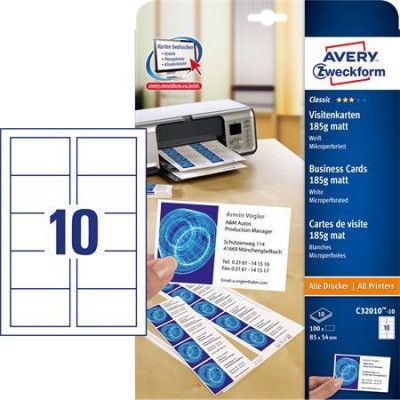Névjegykártya, 85x54 mm, 185 g, mikroperforált, AVERY ZWECKFORM, 100 db/csomag