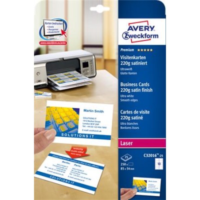 Névjegykártya, 85x54 mm, 220 g, mikroperforált, AVERY ZWECKFORM, 250 db/csomag