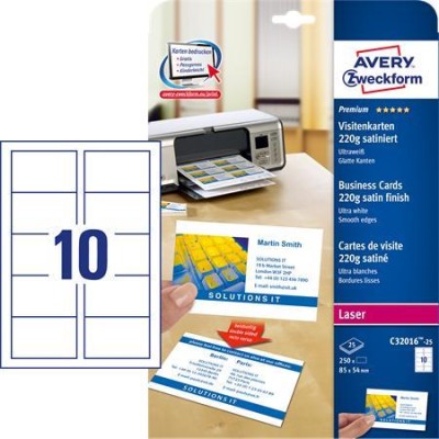 Névjegykártya, 85x54 mm, 220 g, mikroperforált, AVERY ZWECKFORM, 250 db/csomag