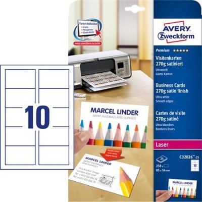 Névjegykártya, 85x54 mm, 270 g, mikroperforált,  AVERY ZWECKFORM, 250 db/csomag