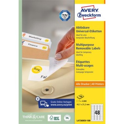 Etikett, univerzális, eltávolítható, 45,7x21,2 mm, AVERY ZWECKFORM, 4800 etikett/csomag