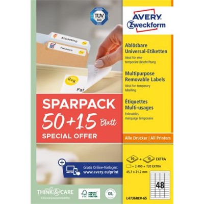 Etikett, univerzális, eltávolítható, 45,7x21,2 mm, AVERY ZWECKFORM, "Sparpack", 3120 etikett/csomag