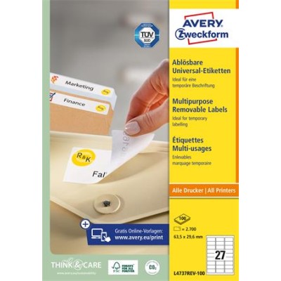 Etikett, univerzális, eltávolítható, 63,5x29,6 mm, AVERY ZWECKFORM, 2700 etikett/csomag