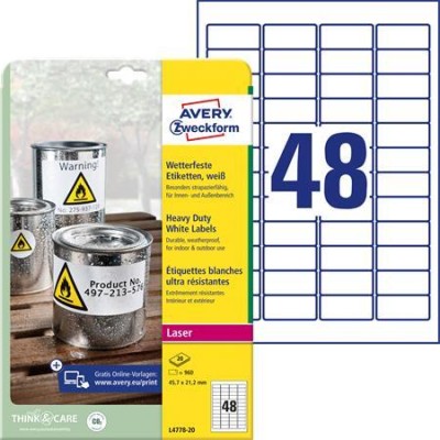 Etikett, 45,7x21,2 mm, poliészter, időjárásálló, AVERY ZWECKFORM, fehér, 960 etikett/csomag