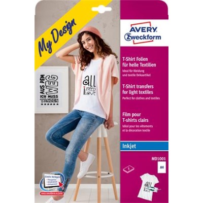 Fólia, vasalható, A4, tintasugaras nyomtatóba, világos textilhez, AVERY ZWECKFORM