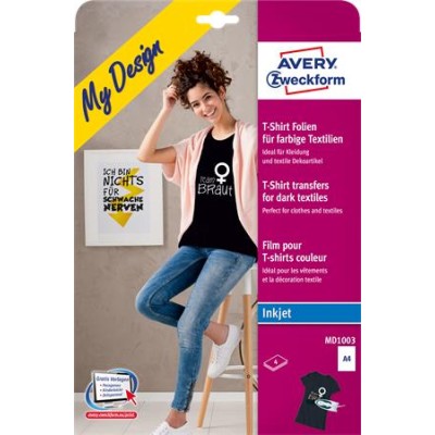 Fólia, vasalható, A4, tintasugaras nyomtatóba, sötét és színes textilhez, AVERY ZWECKFORM