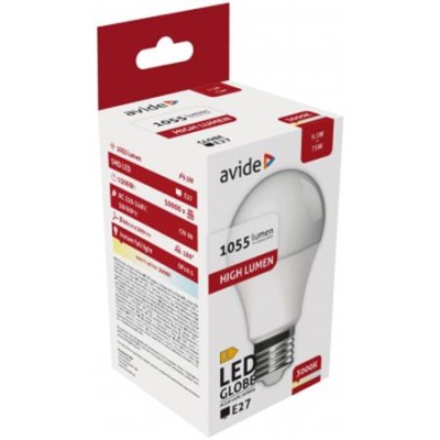 LED izzó, E27, gömb, A60, 9,5W, 1055lm, 3000K, AVIDE