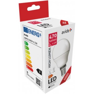 LED izzó, E14, kisgömb, G45, 4,5W, 470lm, 3000K, AVIDE