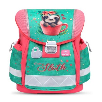 Iskolatáska, fémcsat, BELMIL "Classy Cute sloth", zöld-rózsaszín, lajhár