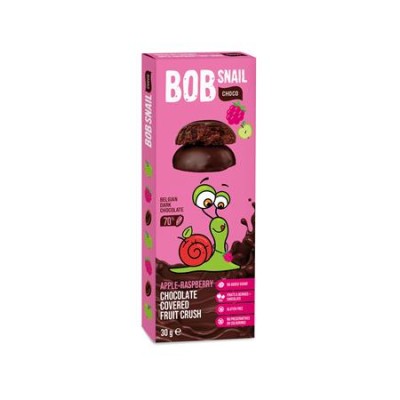 Gyümölcs snack, 30 g, BOB SNAIL, alma-málna étcsokoládéban