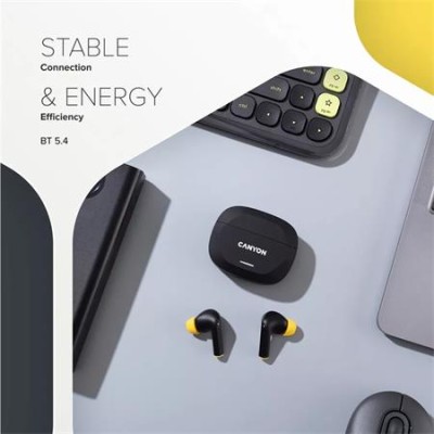 Fülhallgató, TWS vezeték nélküli, Bluetooth 5.4, CANYON "Hexagon 7", fekete-sárga
