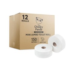Toalettpapír, bambusz, 2 rétegű, nagytekercses, 18 cm átmérő, 150 m/tekercs, 12 tekercs, CHEEKY PANDA, fehér