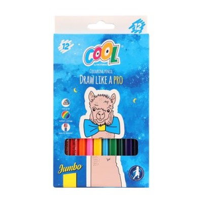 Színes ceruza készlet, háromszögletű, vastag, COOL BY VICTORIA, 12 különböző szín