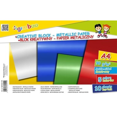 Színes papír tömb, A4, 90 g, 10 lap,"Gimboo", 5 különböző metál szín