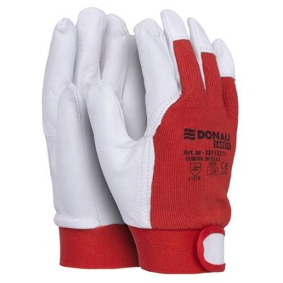 Védőkesztyű, kecskebőr, DONAU"Safety", 9/L méret, fehér-piros