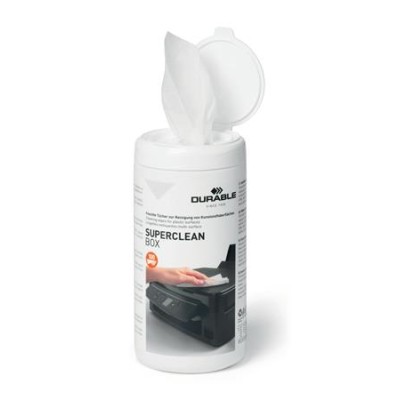 Tisztítókendő, műanyag felületre, 100 db, DURABLE "SUPERCLEAN BOX 100"