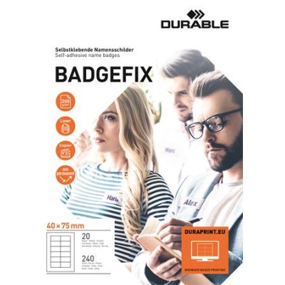 Névkitűző, textil, öntapadó, 40x75 mm, DURABLE "Badgefix", fehér