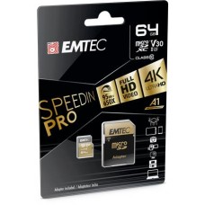 Memóriakártya, microSDXC, 64GB, UHS-I/U3/V30/A2, 100/95 MB/s, adapter, EMTEC "SpeedIN"