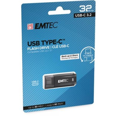 Pendrive, 32GB, USB-C 3.2, EMTEC "D400 Type-C", fekete