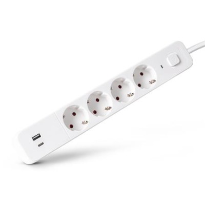 Elosztósor, 4 aljzat, 1,5 m, USB, kapcsolóval, ENTAC, fehér