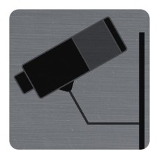 Információs tábla, öntapadó, 7,5x7,5 cm, alumíniumhatású, EXACOMPTA, "Kamerával megfigyelt terület"