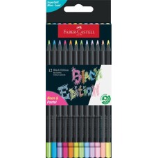 Színes ceruza készlet, háromszögletű, FABER-CASTELL "Black Edition", 6-6 különböző neon és pasztell szín