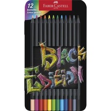 Színes ceruza készlet, háromszögletű, fémdobozban, FABER-CASTELL "Black Edition", 12 különböző szín