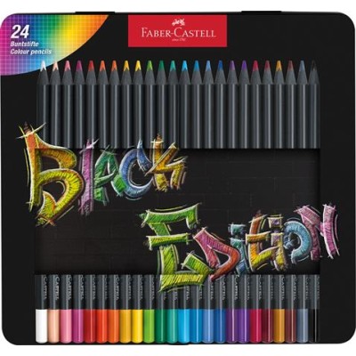 Színes ceruza készlet, háromszögletű, fémdobozban, FABER-CASTELL "Black Edition",  24 különböző szín