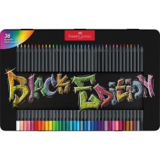 Színes ceruza készlet, háromszögletű, fémdobozban, FABER-CASTELL "Black Edition", 36 különböző szín
