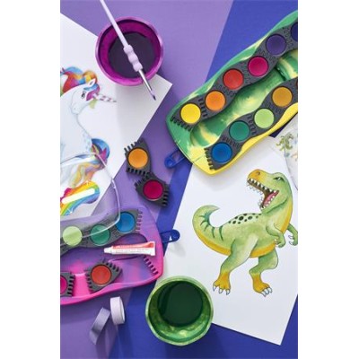 Vízfesték, 12 darabos, összeilleszthető, FABER-CASTELL "Dinoszaurusz"+1 tubus fehér tempera + dinoszaurusz matrica
