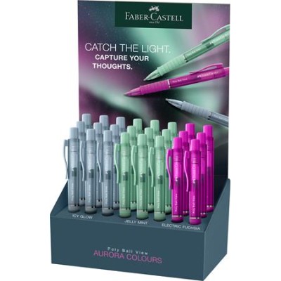 Golyóstoll display, 1 mm, XB, nyomógombos, FABER-CASTELL "Poly Ball View Aurora", vegyes színek
